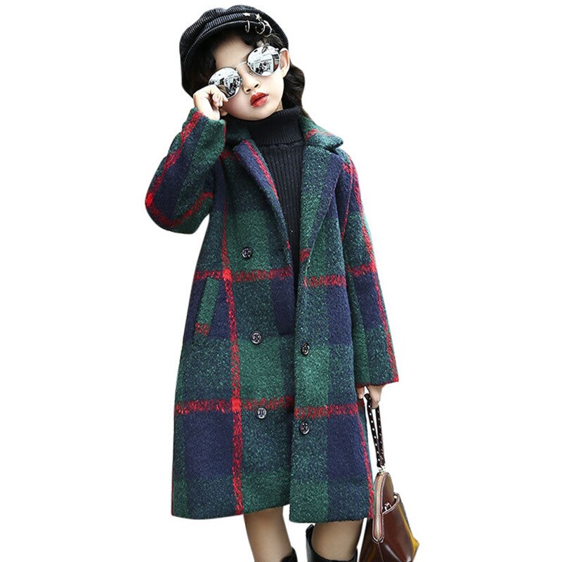 Klassisk teenage lang ullkåpe for jente grønn rutete jakke overfrakk barn pluss størrelse løs varm ullblanding lang vinter trenchcoat: 6