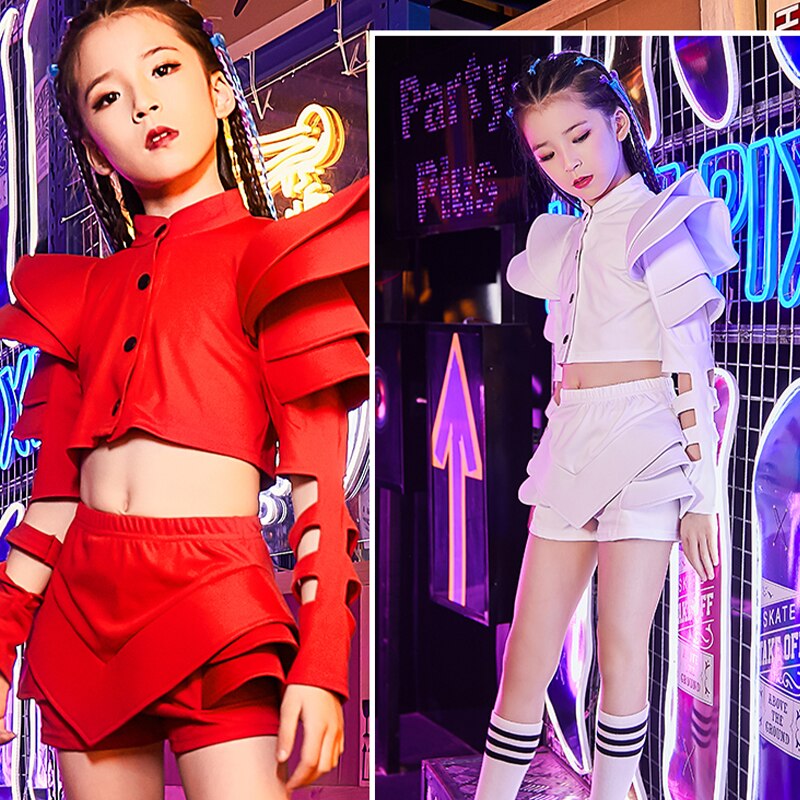 Traje de baile de Jazz para niñas, Conjunto blanco roja de Hip Hop, traje de baile callejero moderno, espectáculo de pasarela