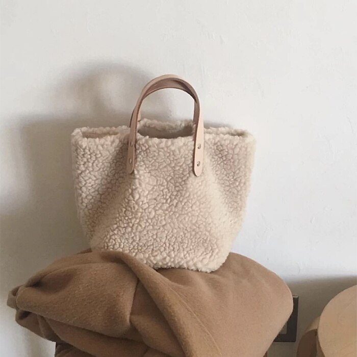 Koreanische frauen tasche Stlye, Große geräumige winter neue Weichen woll plüsch frauen tasche, frauen taschen, einkaufstasche bolsa, frauen weiß: Beige