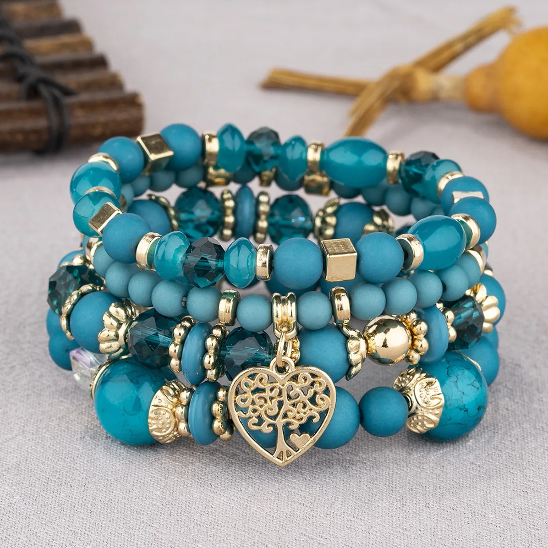 Conjunto de pulsera de cadena de cuentas acrílicas para mujer, brazalete elástico con dije de árbol de la vida, accesorios de joyería bohemia, 4 Uds.: Verde Dragonly