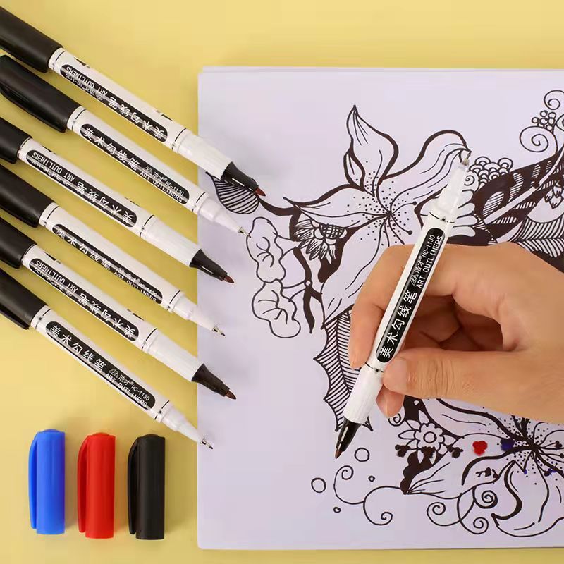 10pcs Line Drawing Pen Double Headed Oily Big Head Black Thick Pen Non Fading Marking Pen Art Pen Black Students