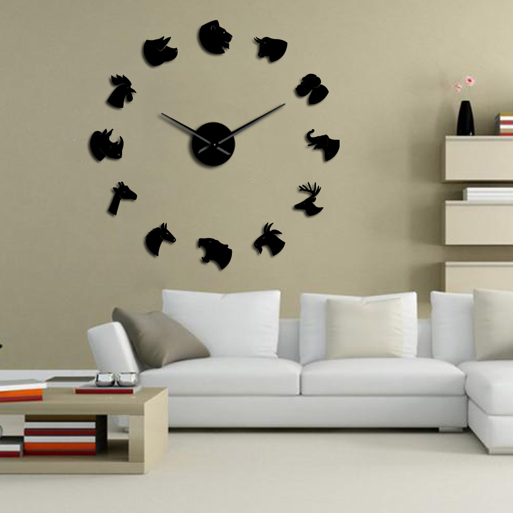 Zoo Animals DIY Large Frameless Mute Wall Clock Wildlife Mirror Stickers Safari Animal Heads Modern Living Room Decorative Watch