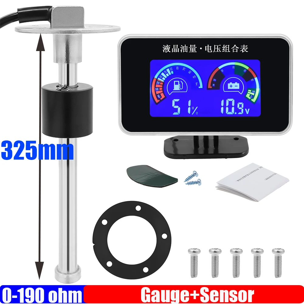 Sensore di livello galleggiante carburante personalizzato 0-190 ohm 100-600mm 2 IN 1 LCD Misuratore di livello carburante + voltmetro per camion auto 12V 24V: WHITE