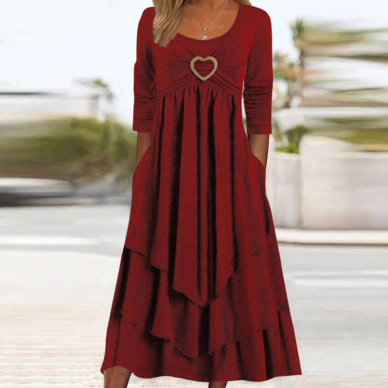 Office Women Patchwork Pockets Midi Dress Round Neck Basic Solid Long Sleeve Dress Lady Casual Summer Ruffles Club Dress: XL / Gold