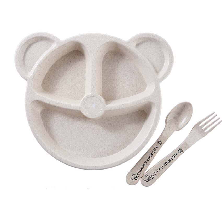 Cartoon Baby Dishes Wheat Fiber Sub-grid Plates Irregular Children Tableware For Infant Toddler Kids Feeding Utensils: Beige Bear Set