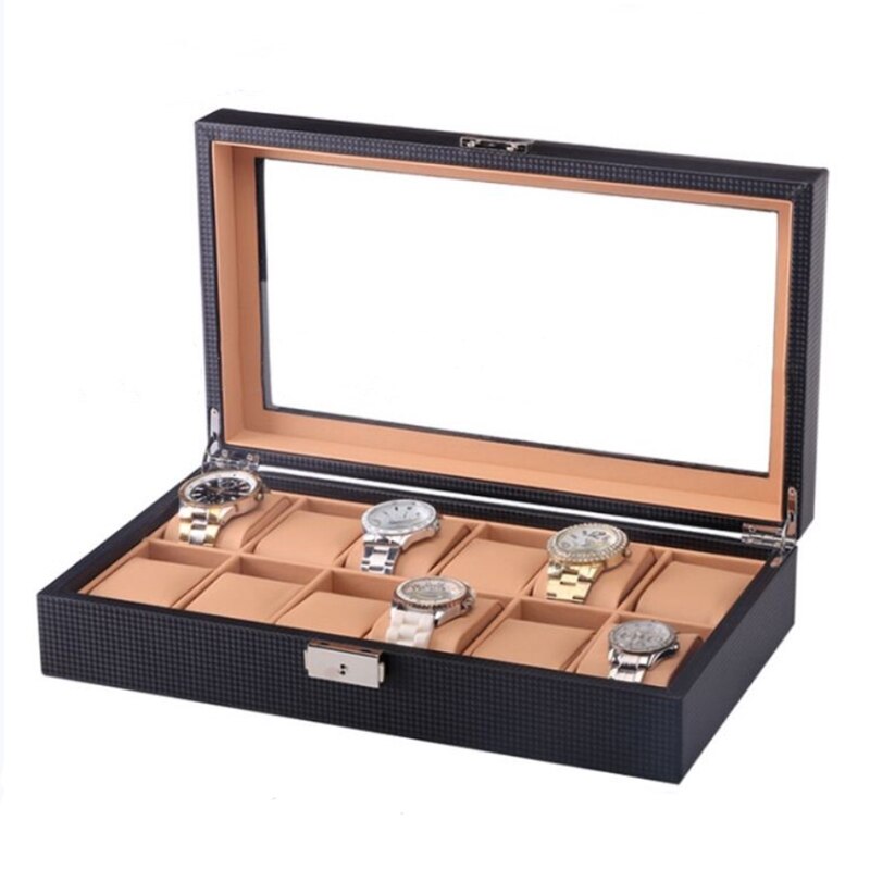 3/6/12 slots kulfiber urboks læder sort ur display box med lås herre ure organizer: 12 brune