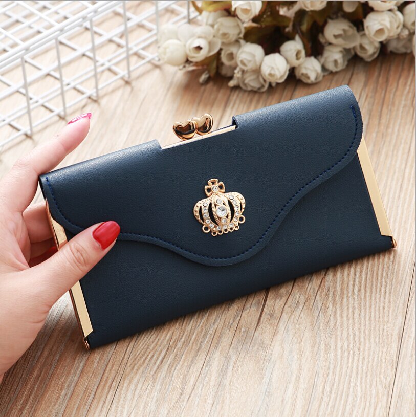 solid Women Lady Clutch Leather Wallet Long Card Holder Phone Bag Case Purse Handbag: Deep Blue