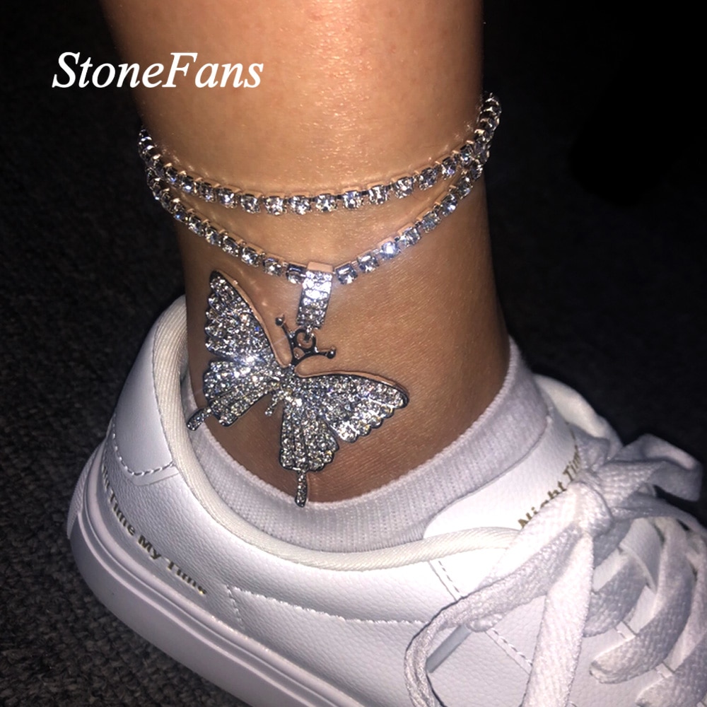 Stonefans Shiny Strass Großen Schmetterling Anhänger Fußkettchen für Frauen Luxus Schmuck Doppel Schicht Fußkettchen Schmetterling Kette