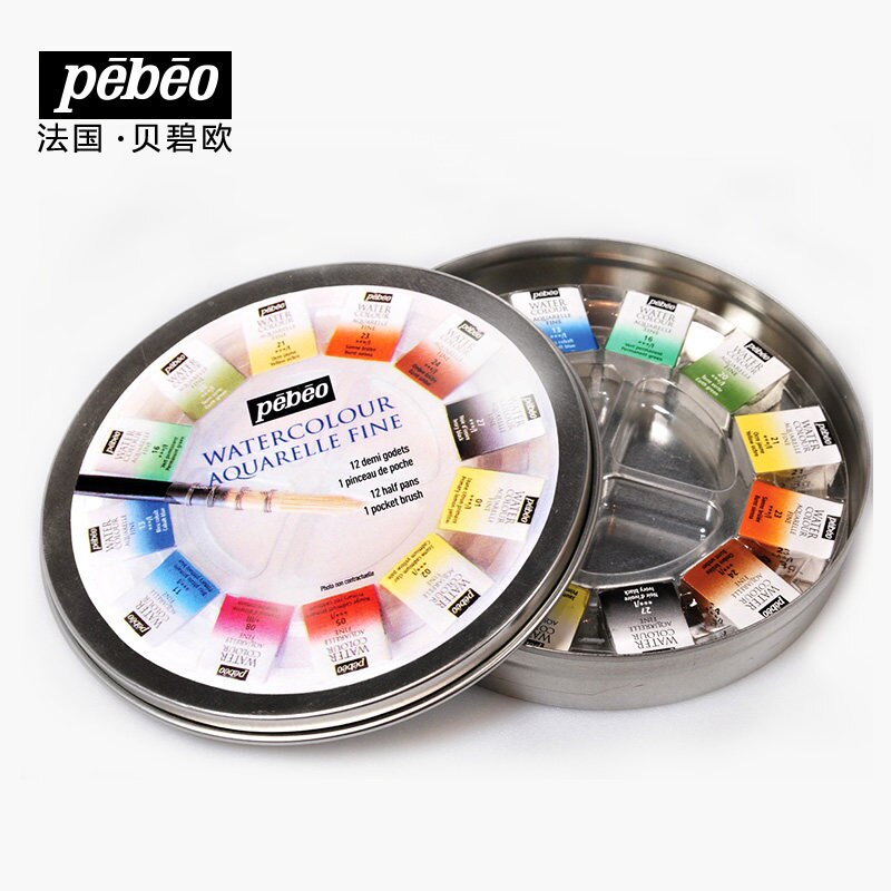 Pebeo akvarel aquarelle fin solid akvarel maling sæt rund metalæske 12 farve 24 farve