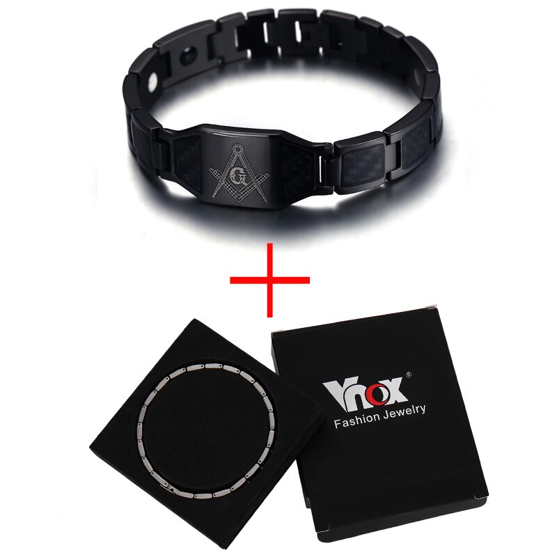 Vnox Masonic Carbon Fiber Men Health Care Bracelet Bangle Magnetic Energy Power Stainless Steel Bracelets Jewelry for Man: black add box