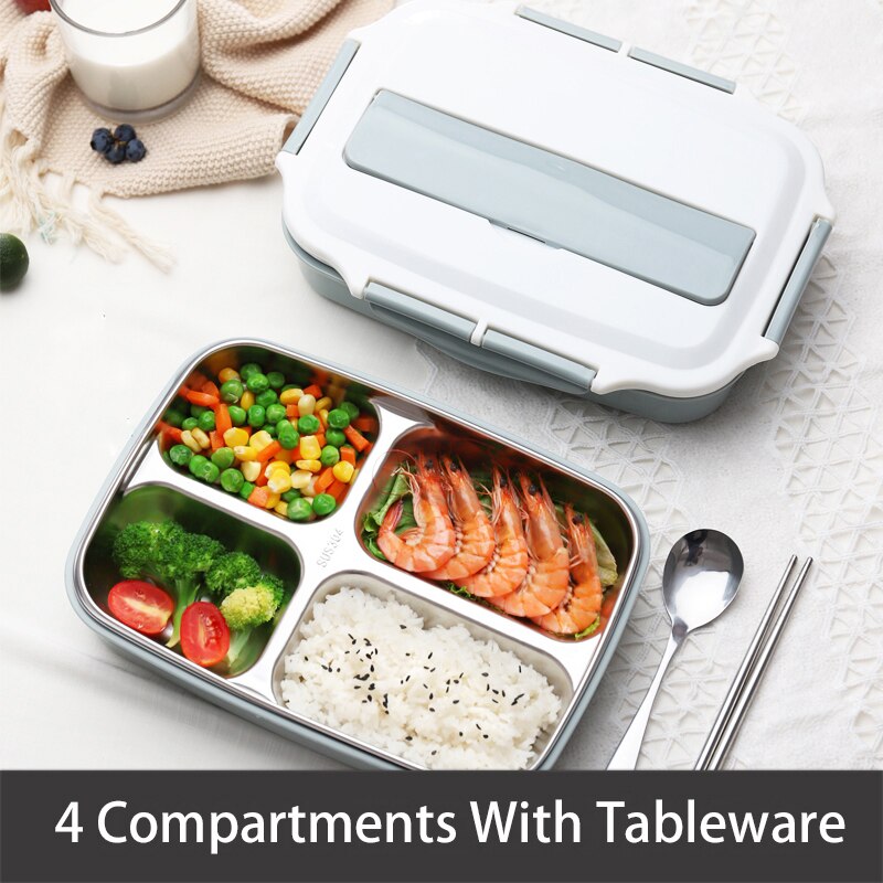 Stainless Steel Thermal Lunch Box Containers with Compartments Leakproof Bento Box Food Container Picnic Office School Lunchbox: blue w tableware-4