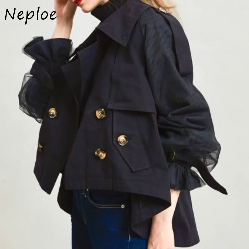 Neploe Double Breasted Mesh Patchwork Jas Vrouwen 2025, Turn-down Kraag Jas Herfst Panelen Zachte Flare Mouw Tops