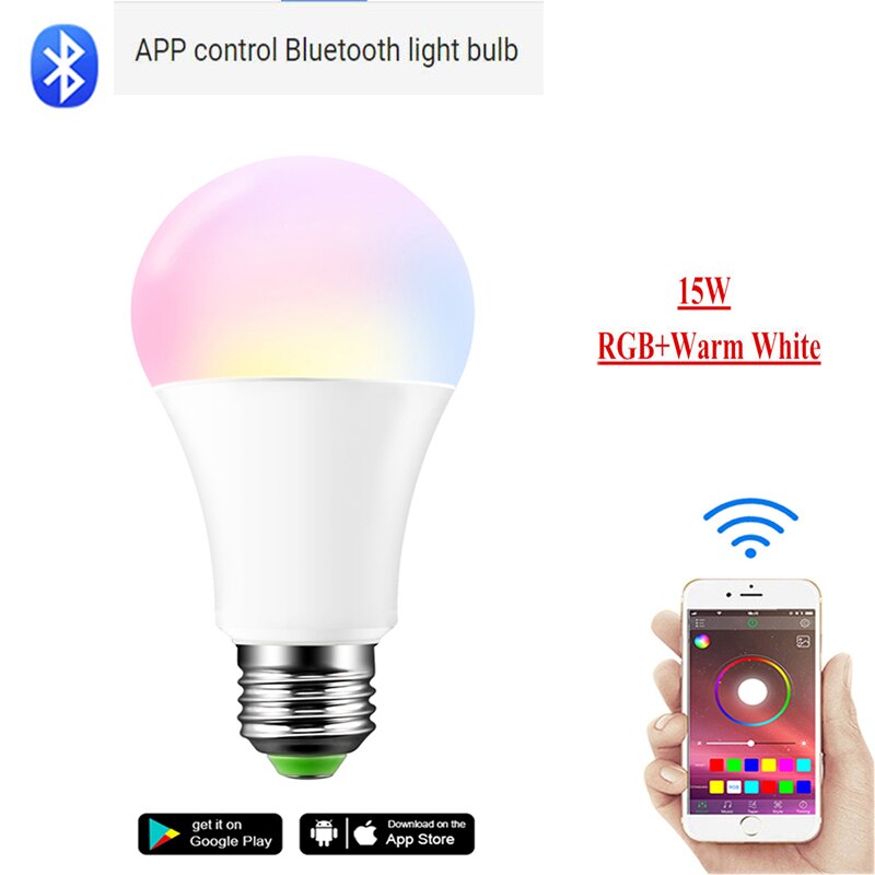 Ampoule intelligente rvb 15W E27 lampe à LED, commande par application Bluetooth, commande à distance IR, 5W, 10W, rgbw ww, 85-265V, pour la maison: Bluetooth RGBWW 15W