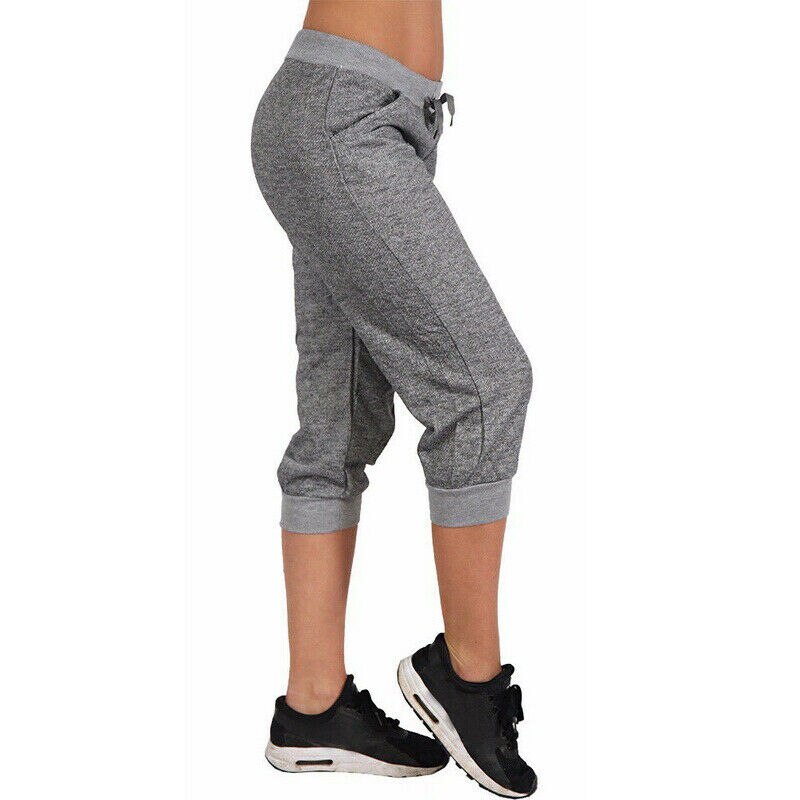 Pantalones de deporte gris para correr para mujer, pantalones de señora de verano, gimnasio, Fitness, cintura media, pantalones de longitud de pantorrilla, pantalones de lápiz