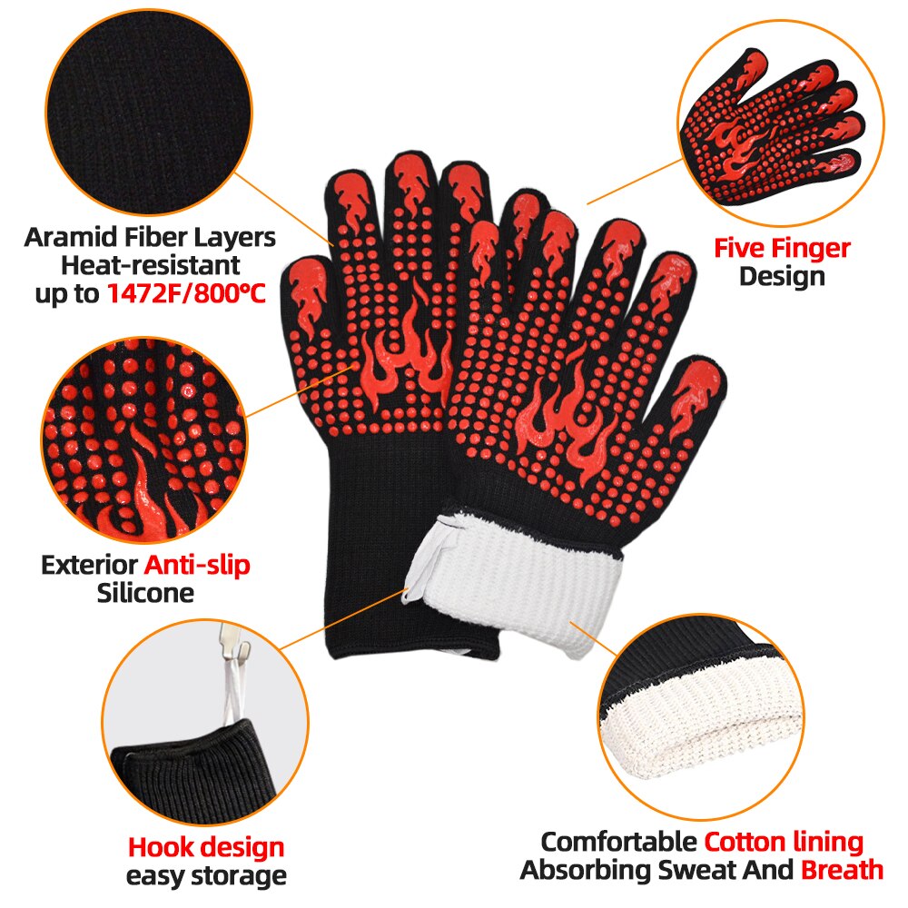 BBQ Grill Gloves High Temperature Resistance 800 Degrees Fireproof Heat Insulation Glove Cooking Baking Barbecue Microwave Oven