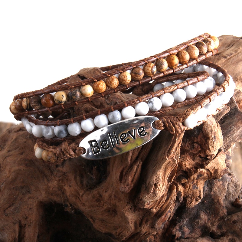 MD Boho Bracelet Armbander Believe Metal Charm Natural Stones 3 Strands Woven Wrap Bracelets