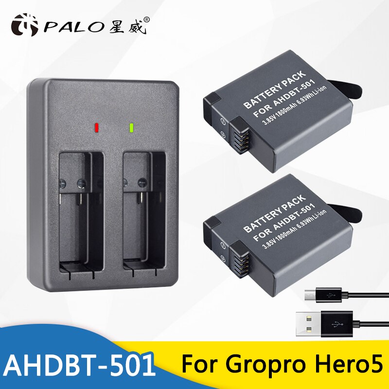 2Pcs AHDBT-501 AHDBT501 Hero5 Batterij Akku + Usb 2-Port Lader Met Type C Poort Voor Gopro Hero 5 Gopro Hero 6 Camera Batterij