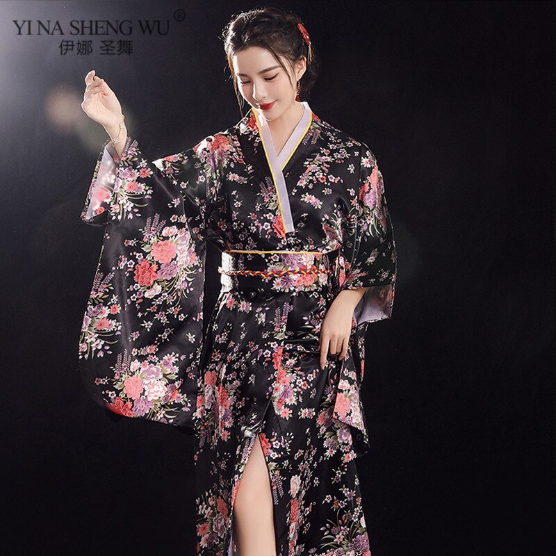 Kimono japonés Sexy para mujer, traje de Cosplay tradicional, de satén Floral, talla única, Yukata con Obi, novedad: H0058-7 Black