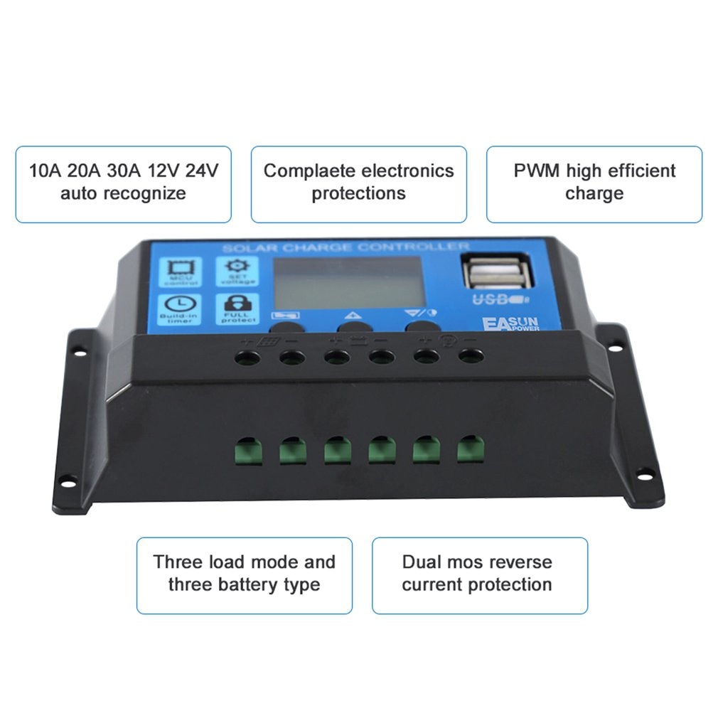 60a/50a/40a/30a/20a/10a 12v 24v auto solopladningsregulator pwm-controllere lcd dual usb 5v output solpanel pv regulator