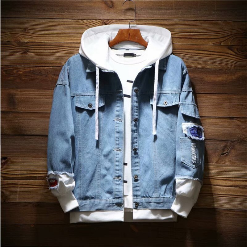 Veste d'automne en Denim à capuche homme, vêtement de Cowboy homme, en faux deux pièces de Streetwear, à la