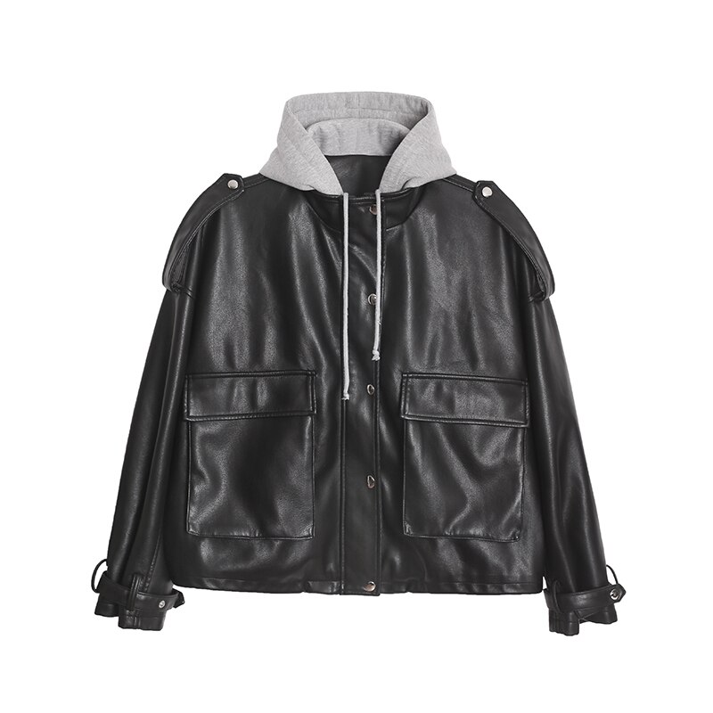 Aelegantmis oversized kvinder sort pu læderjakke løs hætte i imiteret læder jakke dame basic casual frakke  y2k overtøj: M