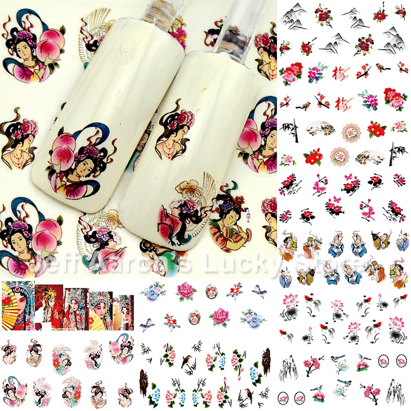 12 vellen schoonheid water transfer nail art stickers decals nagels decoratie accessoires manicure gereedschap Chinese stijl A253-64