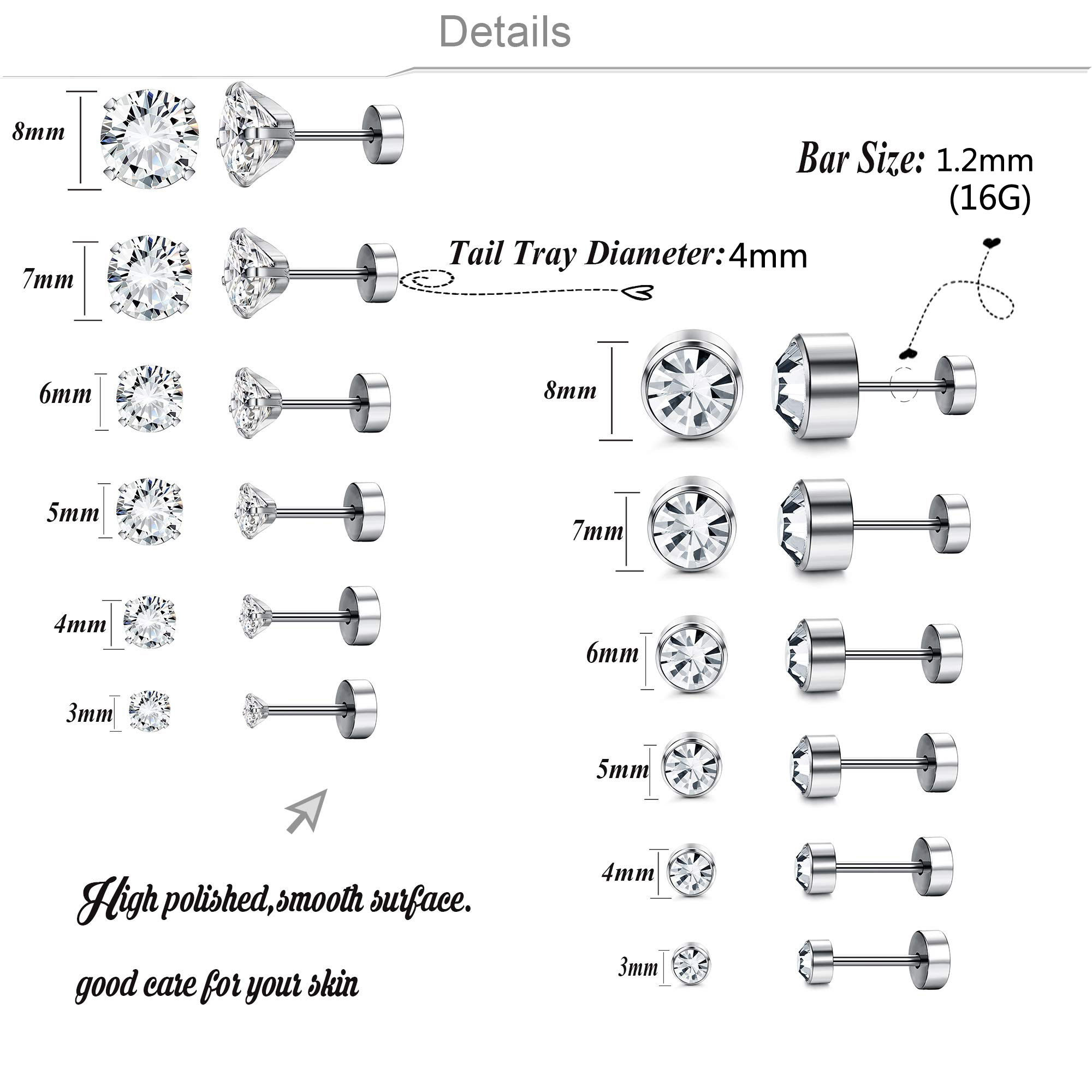 Wkoud 16G 1 Paar Rvs Screwback Kraakbeen Stud Oorbellen Voor Mannen Vrouwen Plaksteen Tragus Helix Oor Stud Piercing set