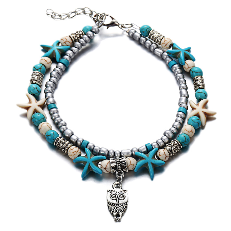 Tobilleras de playa Boho para mujer, pulsera de tobillo de elefante, cadena multicapa, joyería de pie, concha de tortuga, estrella de mar, árbol de la vida, Verano: Rodio plateado
