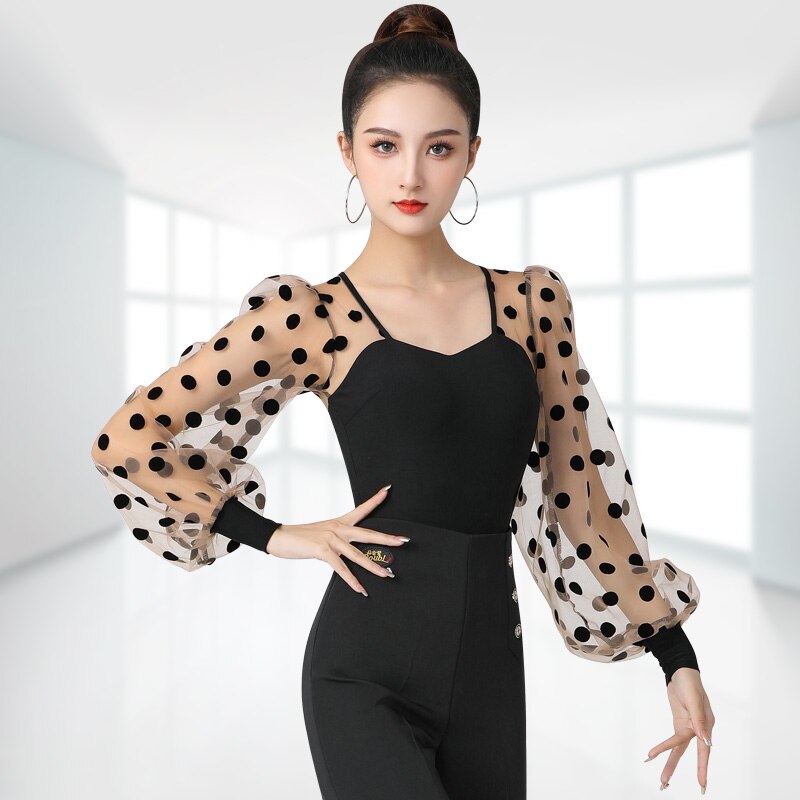 Latin Dance Practice Suit U Collar Latin Gauze Top Slimming Lantern Sleeve Dance Dress Ballroom Dance Dress Doubl