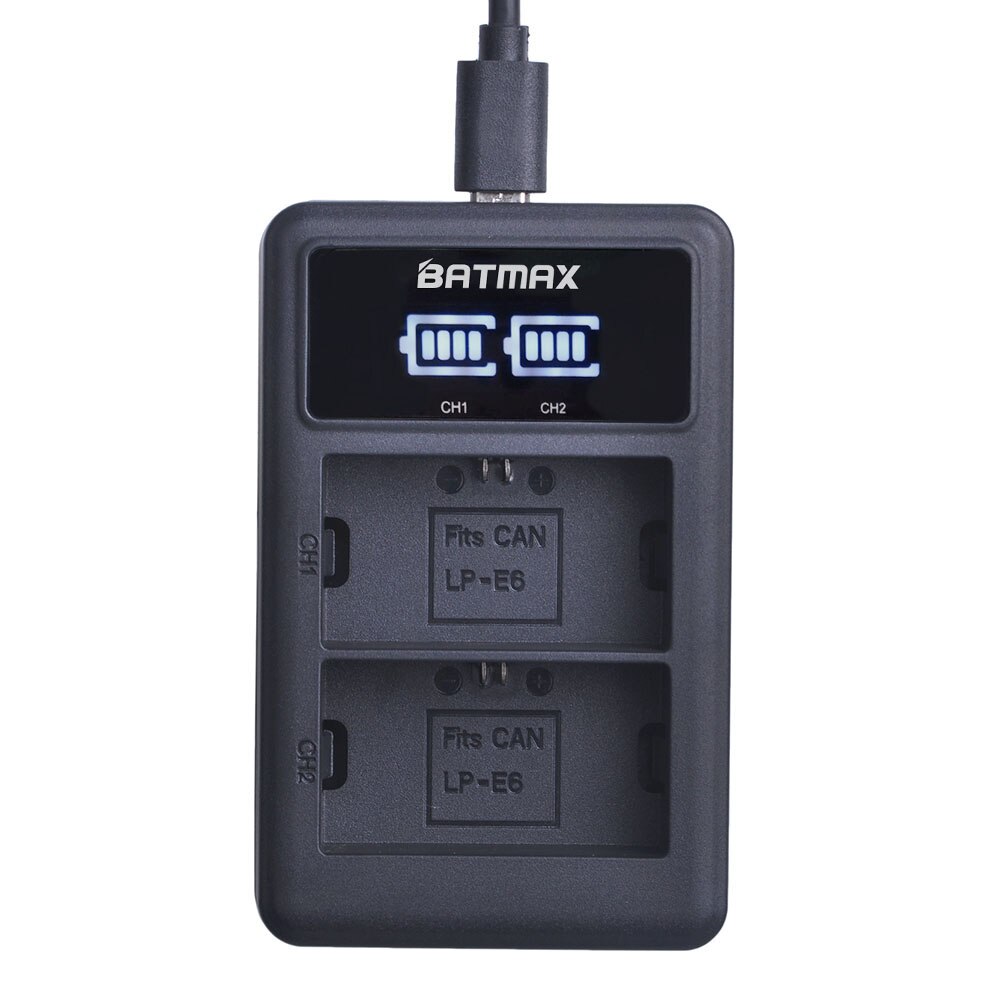 2x 2650 mah lp  e6 lpe 6 lp-e6 e6n batteri + led dobbelt oplader til canon eos 5ds r 5d mark  ii 5d mark iii 6d 7d 70d 80d kamera: Oplader