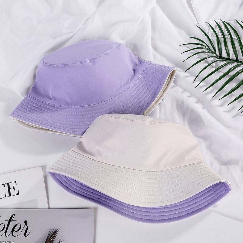 Dubbelsidig bärmössa enfärgad hinkhatt män kvinnor solhatt vändbar fiskarhatt sommar panama keps sol fiske gorras: Lila beige