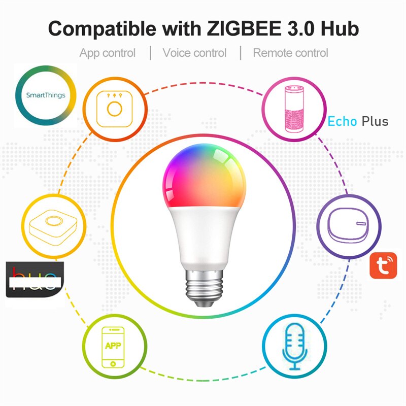 Tuya smart lyspære 15w zigbee 3.0 wifi  e27 fargerik rgbcw dimbar 85-265v smart home led lampe kompatibel alexa google home