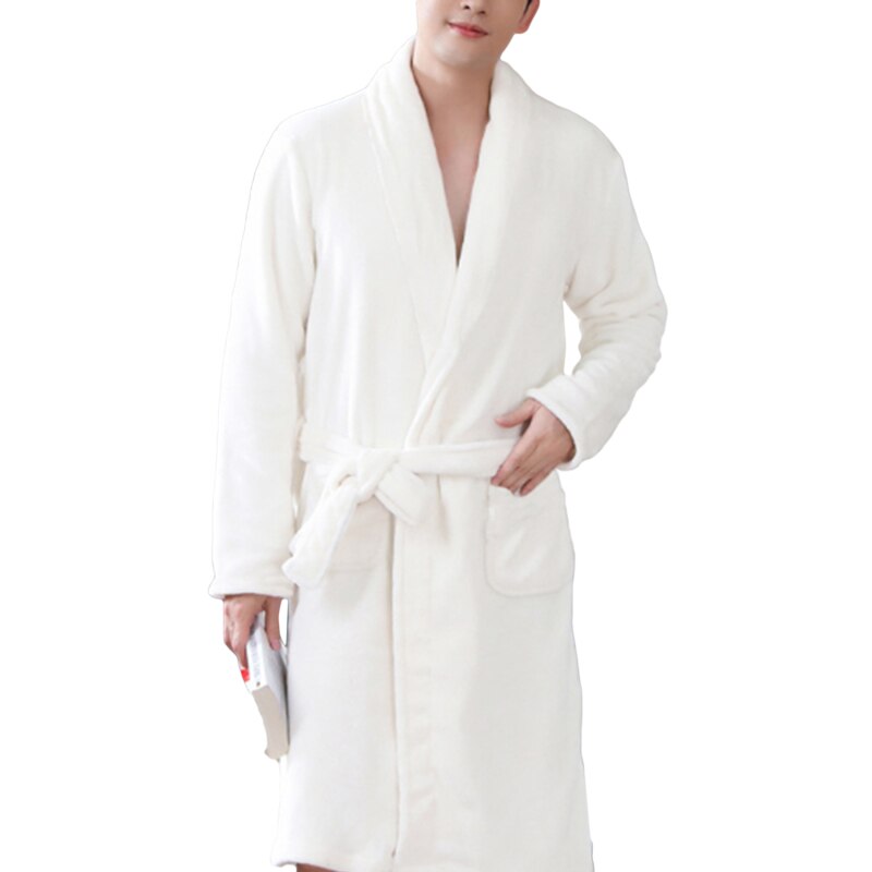 Men Casual Loose Kimono Bathrobe Autumn Winter Flannel Long Robe Sleepwear Nightgown Male Warm Thick Home Wear: white