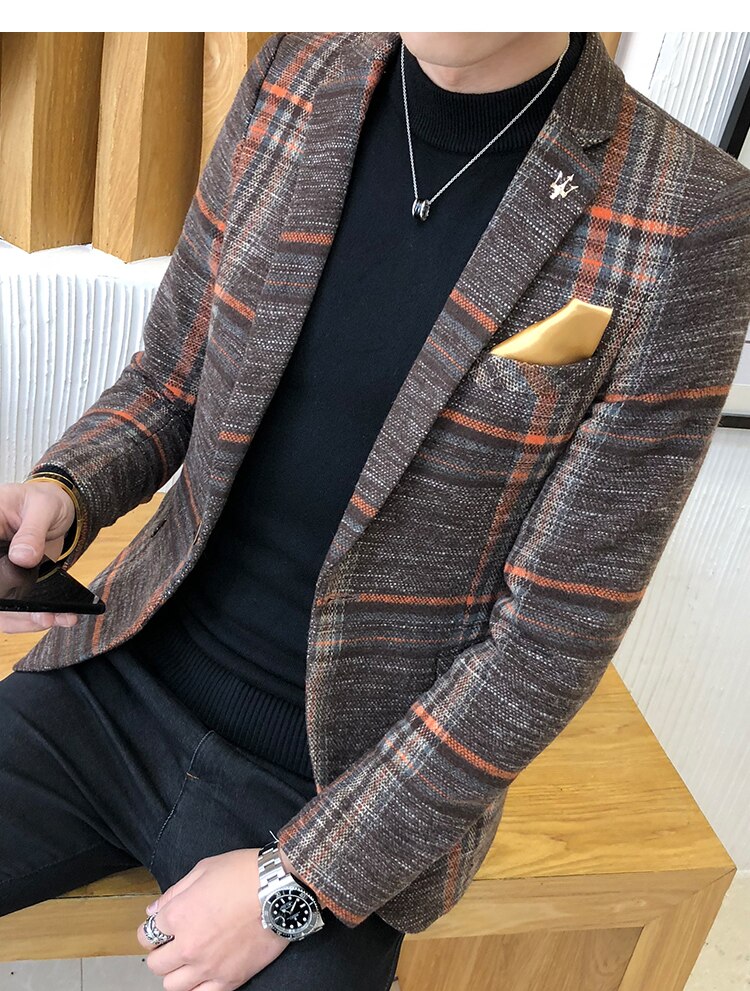 Brand clothing Men's business suit/Male slim fit plaid Leisure Blazers/Man plaid Jackets Plus size S-3XL: Auburn / 4XL