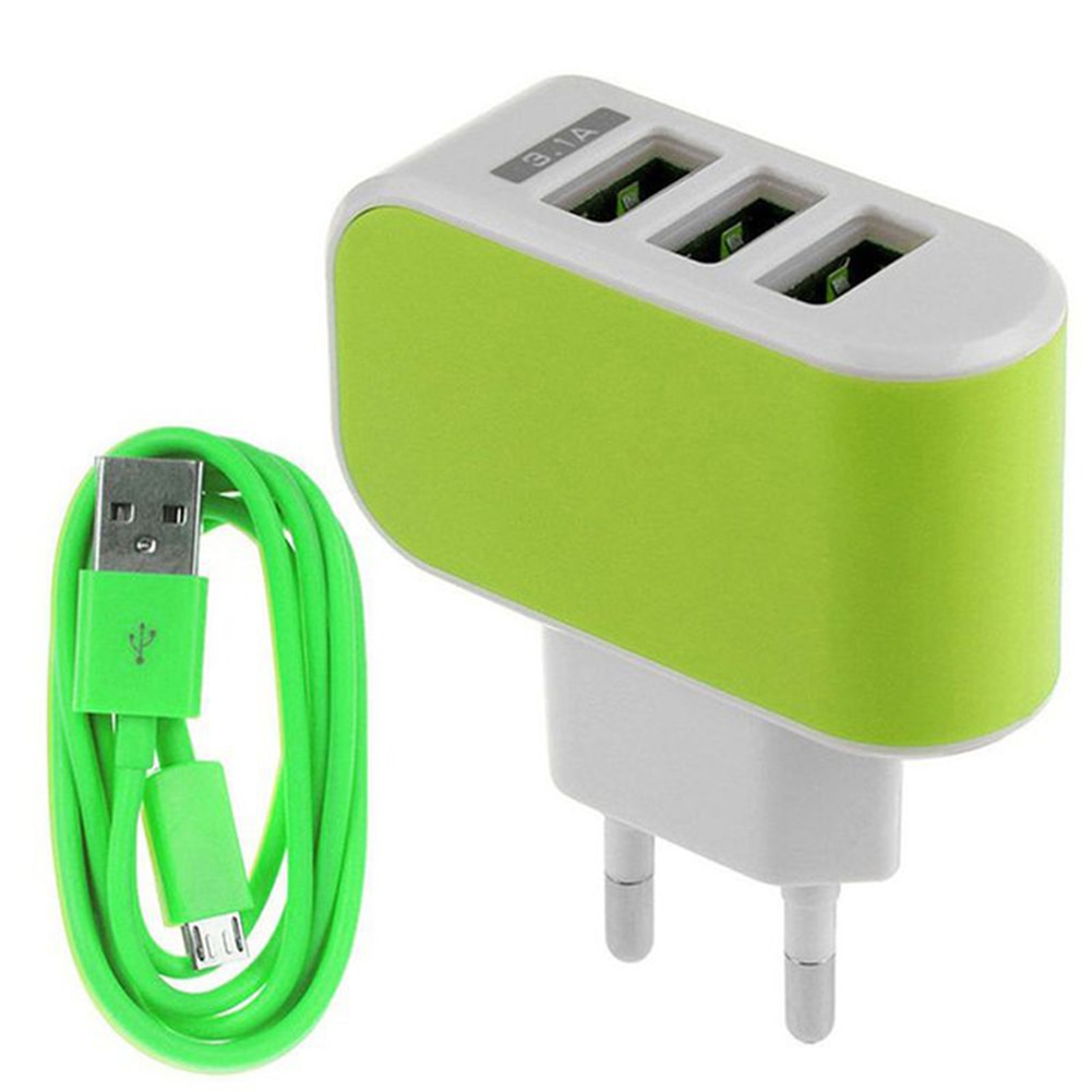 Reizen Led Usb Charge 3.1A Fast Charger 3 Usb-poort Plug-In Lader Met Data Kabel Zwart Ons/Eu Plug Adapter Opladen