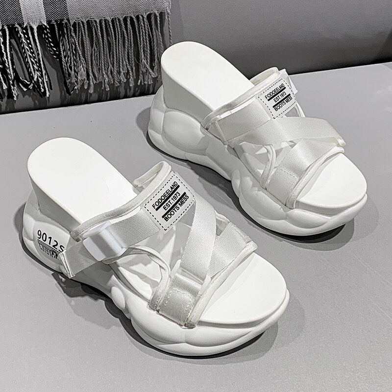 10cm/3.9 inch Height Wedge Slides Thick Bottom Sandals Chunky Shoes For Ladies Summer Outdoor Wear: White / 34