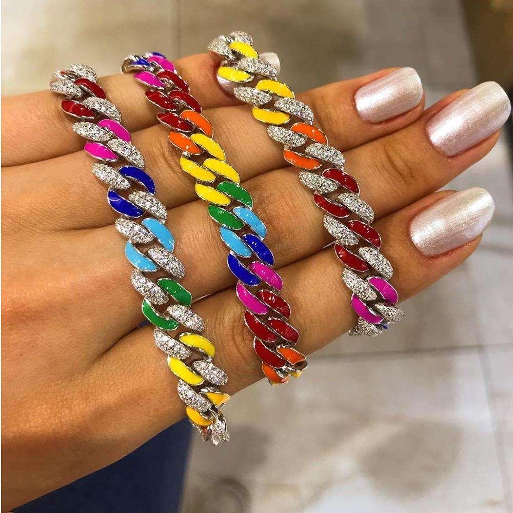 Verão venda quente colorido jóias neon arco-íris esmalte gelo para fora cz 11mm miami cubana link chain pulseira feminina