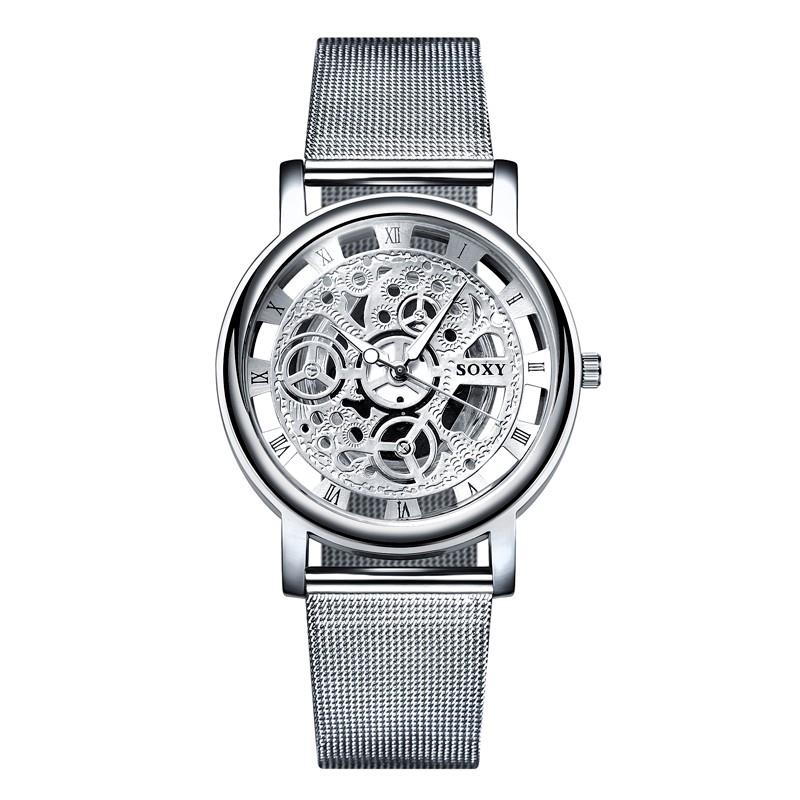 Kvinnor män klocka gravyr ihålig reloj hombre klänning kvarts armbandsur rostfritt stål band band kvinnor klocka relojes mujer: Silver-