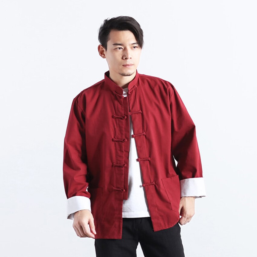 Katoen Linnen Chinese Traditionele Kostuums Tang Pak Voor Mannen Retro Vintage Jasje Shirt Knoop Knop Mandarijn Kraag Tops Outfits: Red / XXL
