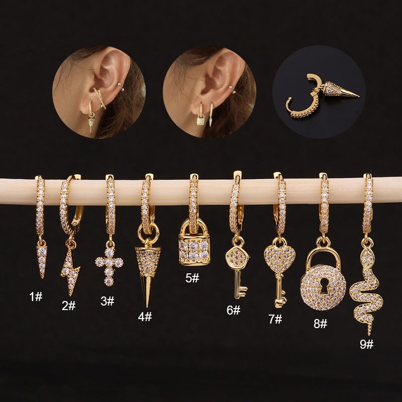 Key Snake Cross Lock Lighting CZ Ear Piercing Cartilage Earring Conch Rook Tragus Helix Cartilage Tragus Piercing Jewelry