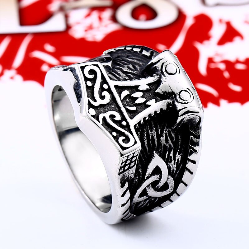 Beier 316L Stainless Steel Nordic Pagan Triskele Helm of Awe Aegishjalmur Futhark Viking Magic Stave Runic Amulet Ring LR563