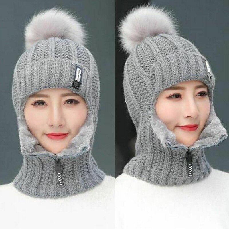 Damska zimowa jednoczęściowa czapka z aksamitnymi nausznikami damska kolarska wełniana włóczka na zamek błyskawiczny śliniaczek ciepła czapka