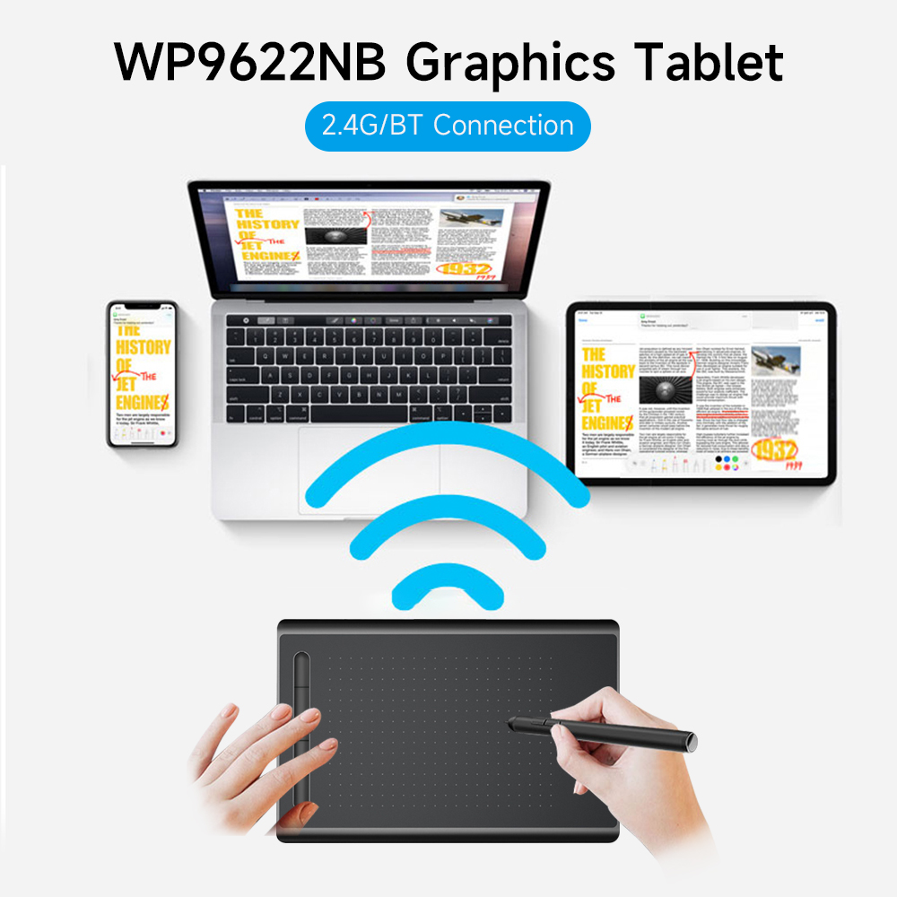 WP9622NB Graphics Tablet Drawing Tablet 8192 Levels Pressure Sensitivity 5080LPI Resolution 230PPS Read Speed 2.4G/BT Connection