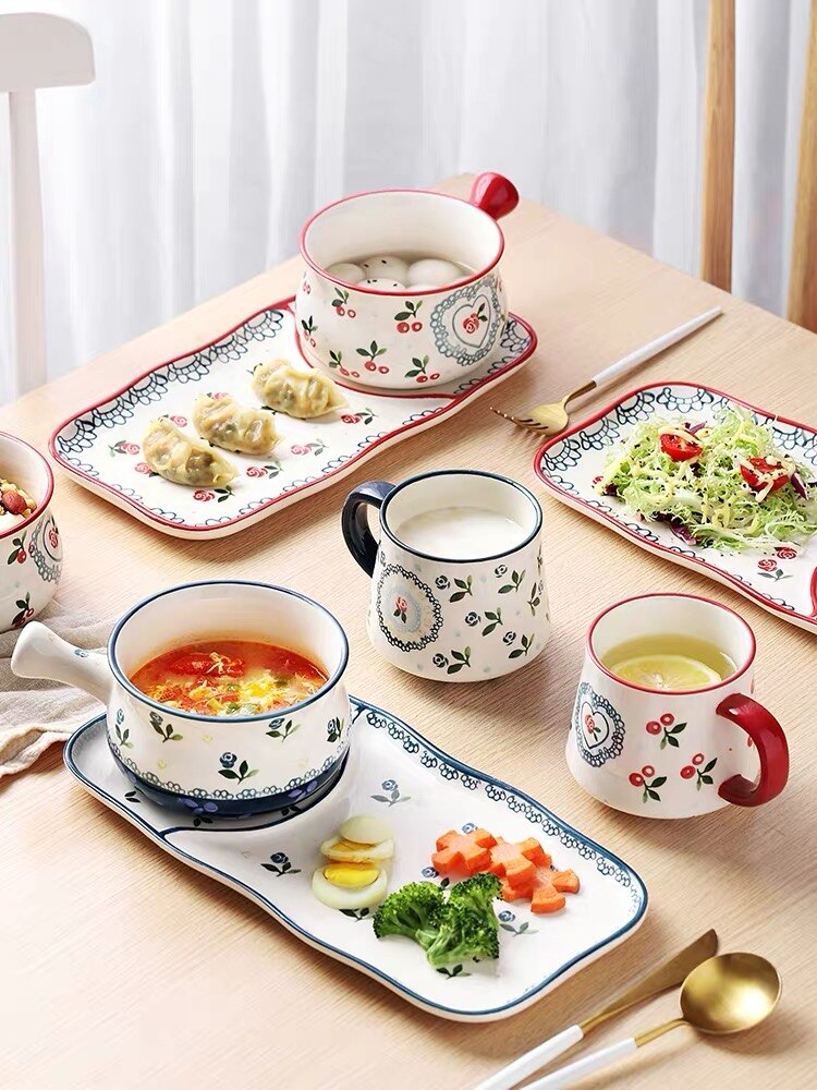 Ceramic dish Japanese breakfast dishes cutlery set one person tableware cute cherry breakfast plate oatmeal bowl