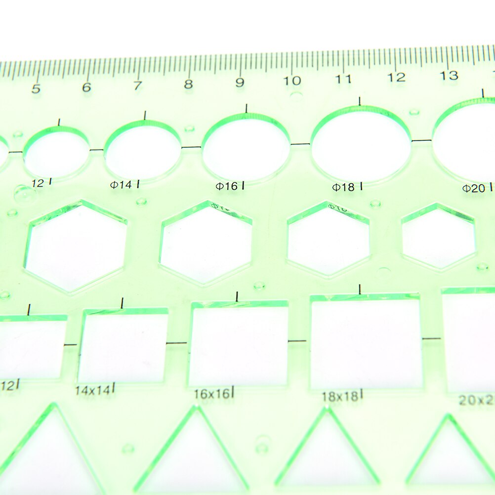 0-20cm Green Plastic Circles Squares Hexagons Geometric Template Ruler