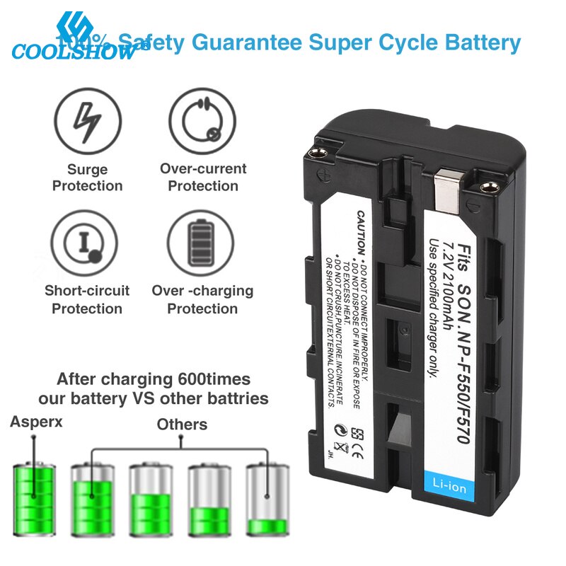 Coolshow Rechargeable Batterie pour Sony NP F330 F530 F570 F730 F750 F770 F970 QM91D CCD-RV100 TRU47E 2100mah Batteries de Caméra