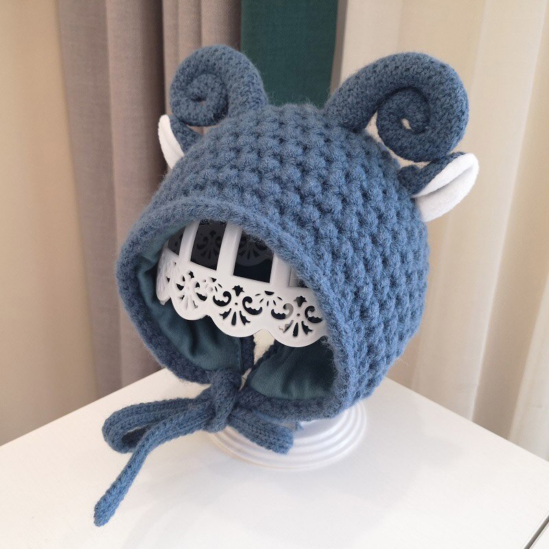 Winter gebreide warme babymuts schattige shofar baby jongen meisje muts oorbescherming mutsen effen kleur kinderen kindermutsen: Blauw