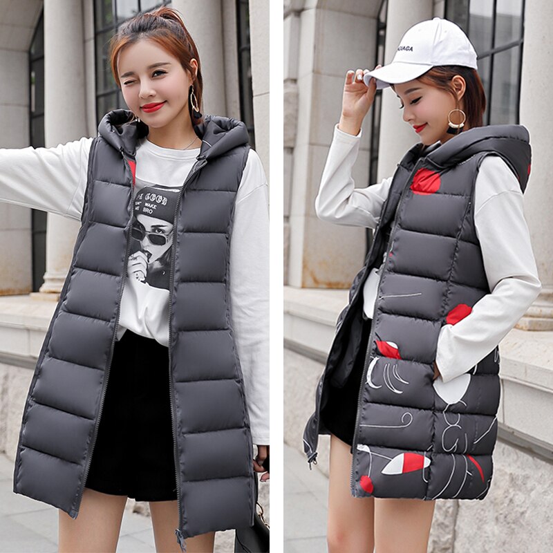 Winter Long Puffer Vest Cotton Padded Korean Style Slim Plus Size Hooded Both Sides Can Be Wear Casual Chalecos Para Mujer: Gray / XXXL