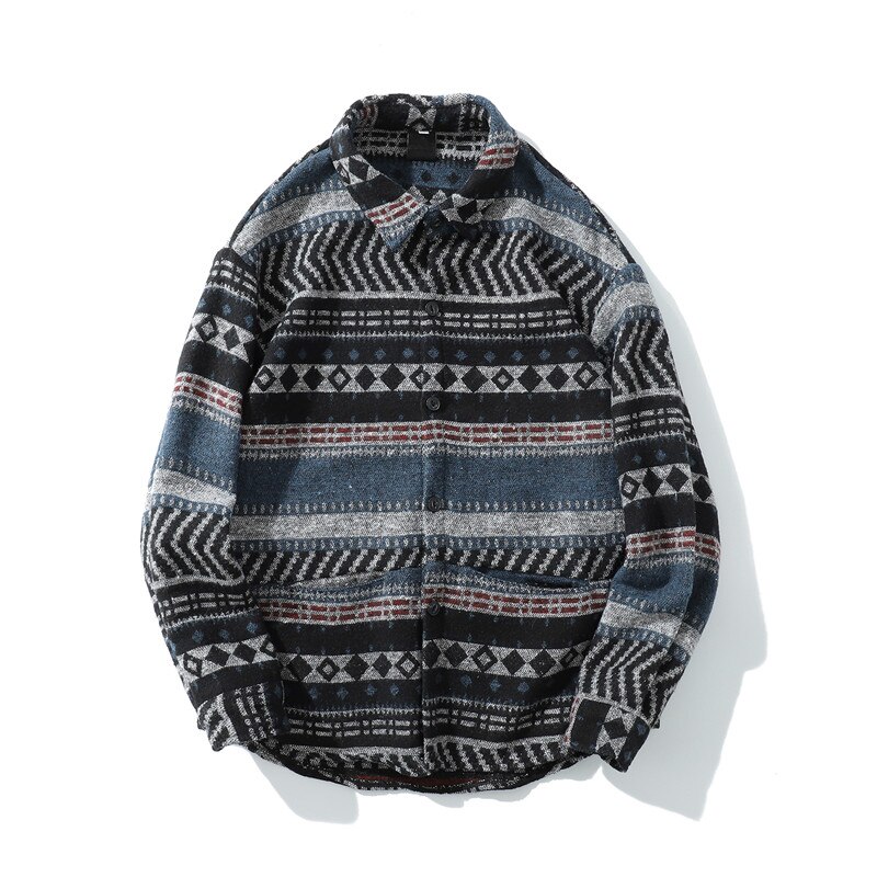 Mörk ikon geometrisk ylleskjorta män långärmad vårstamm herrskjorta streetwear kläder: Blå skjorta / L