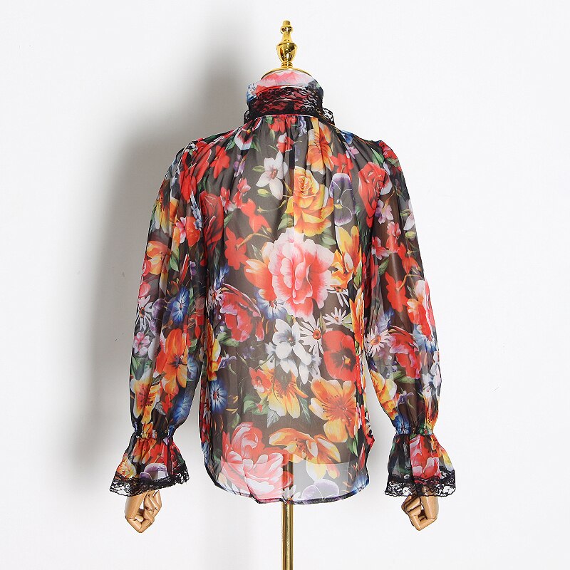 Twotwinstyle Vintage Bloemenprint Chiffon Shirts Blouse Vrouwen Stand Kraag Lange Mouw Bladerdeeg Tops Vrouwelijke Elegante Mode Kleding
